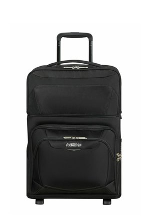 Valigia a rotelle Black American Tourister con maniglia telescopica e più scomparti con cerniera.