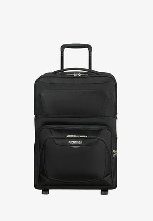 Valigia a rotelle Black American Tourister con maniglia telescopica e più scomparti con cerniera.