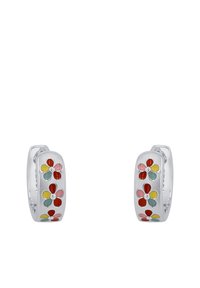Orecchini a cerchio in argento sterling con design floreale in smalto rosso, giallo, rosa e verde, finitura lucida e chiusura sicura.