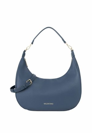 Sac à main en cuir bleu Valentino avec forme arrondie, poignée supérieure unique, bandoulière réglable et détails en métal doré.