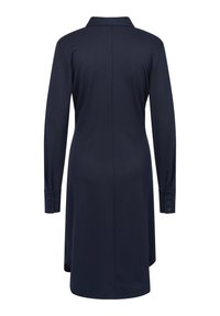 Navyblaues Kleid mit Kragen, langen Ärmeln und geknöpften Manschetten. Verfügt über einen geraden Schnitt und eine glatte Textur.