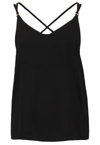 Schwarzes ärmelloses Oberteil mit V-Ausschnitt, das ein gekreuztes Trägerdesign und metallische Hardware-Akzente aufweist. Glattes Material mit fließender Silhouette.