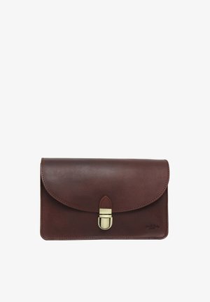 Dark brown leather clutch with rounded flap and gold-tone clasp closure, featuring subtle embossed branding on the lower right corner.