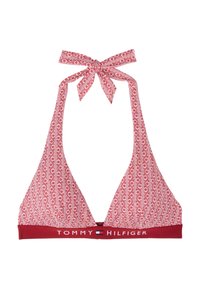Rdeča bikini zgornji del s trikotnimi skodelicami, zavezan na zatilju, in enobarvnim rdečim trakom s logotipom "TOMMY HILFIGER".