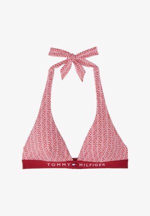 Haut de bikini à motifs rouges avec des bonnets triangulaires, un lien à nouer autour du cou, et une bande rouge unie arborant le logo "TOMMY HILFIGER".