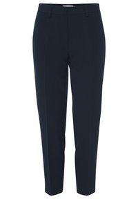 Granatowe, dopasowane spodnie o gładkiej tkaninie z prostym krojem, z płaskim przodem i standardowym pasem.