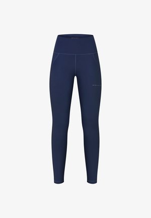 Granatowe legginsy z wysokim stanem wykonane z elastycznego materiału, z płaskimi szwami, dwoma bocznymi kieszeniami i detalem z logo na dolnej części nogawki.