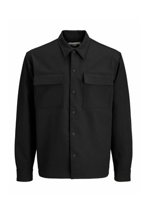 Mustast siledast kangast nööbitav jope, millel on klassikaline krae, kaks esimest taskut ning ees klambritega sulgemine.