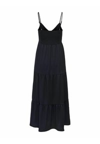 Robe maxi noire avec bretelles spaghetti, corsage froncé et jupe évasée à plusieurs niveaux. Fabriquée en tissu léger, avec une surface texturée.