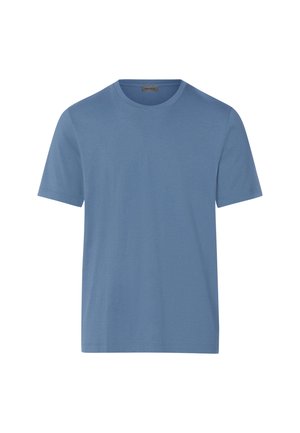 Blaues T-Shirt mit kurzen Ärmeln und Rundhalsausschnitt, schlichtes Design und kleines Markenetikett innen am Kragen.