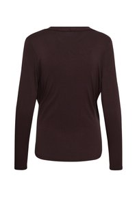 Chemise à manches longues marron foncé vue de dos avec un col rond et une texture de tissu lisse.