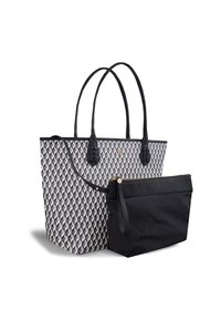 Tote bag with geometric patterned fabric in gray and black, featuring dual leather handles and a removable black zippered pouch.