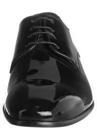 Schwarze Lederschuhe mit glänzender Lackoberfläche, runder Zehenform und klassischem Schnürdesign. Mit dezenten Nähakzenten.