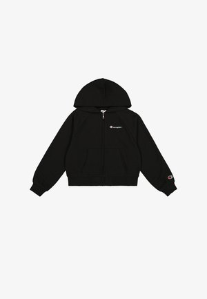 Schwarzer Reißverschluss-Hoodie mit einer Kordelzugkapuze, gerippten Bündchen und zwei Fronttaschen. Besitzt ein kleines gesticktes Logo auf der linken Brust und dem Ärmel.
