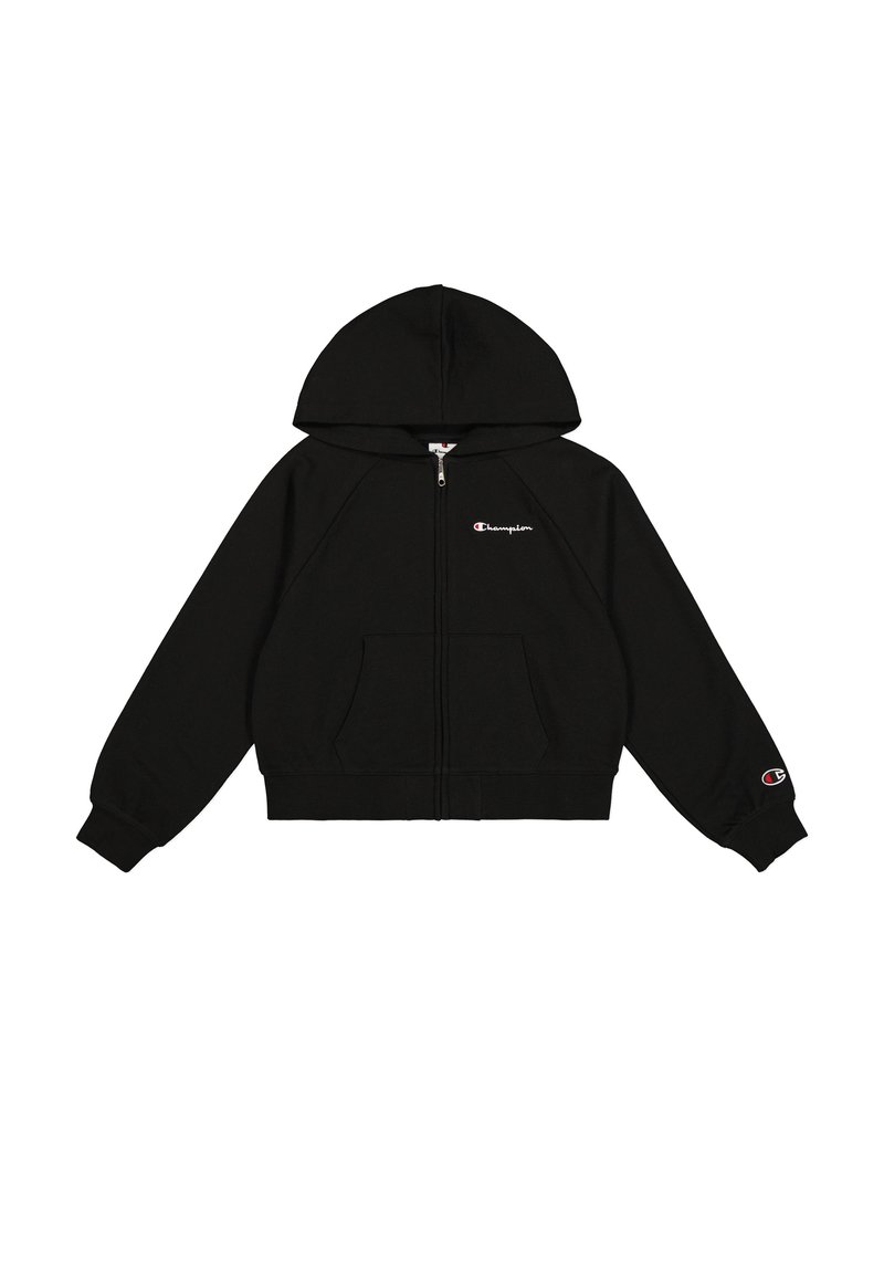 Sudadera con cremallera negra con capucha ajustable, puños acanalados y dos bolsillos frontales. Presenta un pequeño logotipo bordado en el lado izquierdo del pecho y en la manga.