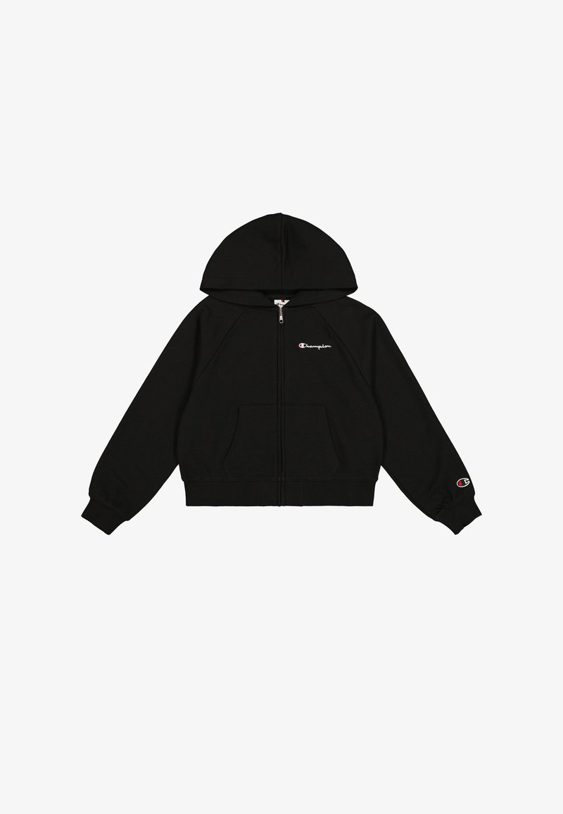 Felpa nera con zip, dotata di cappuccio regolabile con cordino, polsini a coste e due tasche frontali. Presenta un piccolo logo ricamato sul lato sinistro del petto e sulla manica.