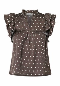 Brun bluse med hvide prikker, flæser ved ærmerne og V-halsudskæring. Stoffet ser blødt og let ud. Mærket siger "LOVE & DIVINE."