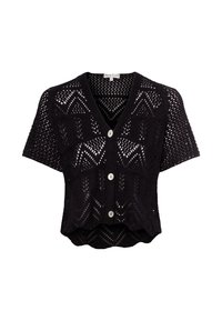 Cardigan noir en tricot au design court, à manches courtes, col en V et motif décoratif ajouré, avec trois boutons ronds.