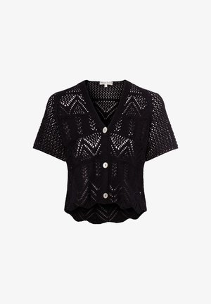 Schwarze gestrickte Strickjacke mit einem kurzen Design, kurzen Ärmeln, V-Ausschnitt und dekorativem offenen Muster, das drei runde Knöpfe aufweist.