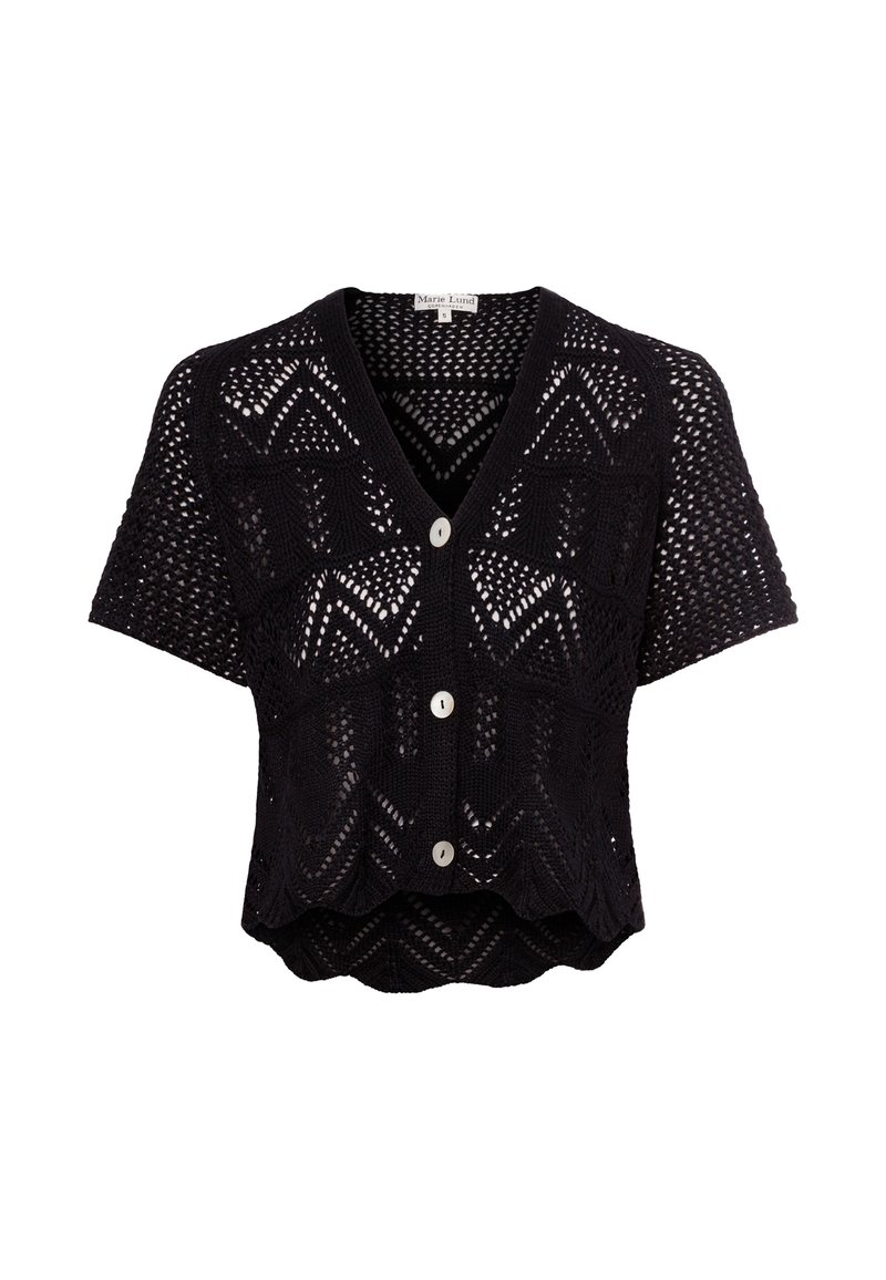 Cardigan noir en tricot au design court, à manches courtes, col en V et motif décoratif ajouré, avec trois boutons ronds.