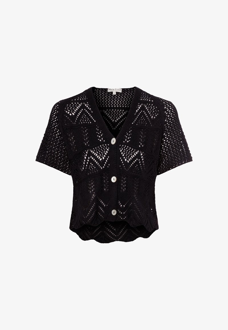 Cardigan noir en tricot au design court, à manches courtes, col en V et motif décoratif ajouré, avec trois boutons ronds.