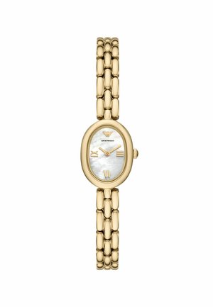 Gold-tone wristwatch with an oval face, white mother-of-pearl dial, gold hour markers, and a linked bracelet-style band.