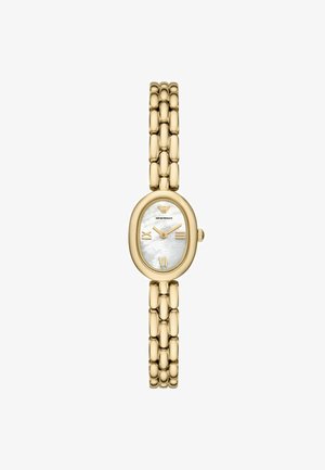 Goldfarbene Armbanduhr mit ovalem Ziffernblatt, Ziffernblatt aus weißem Perlmutt, goldenen Stundenmarkierungen und einem Armband im Kettenglied-Stil.