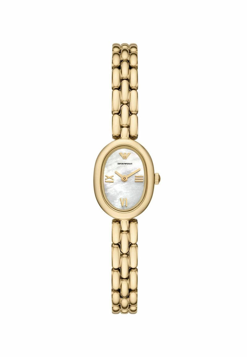 Goldfarbene Armbanduhr mit ovalem Ziffernblatt, Ziffernblatt aus weißem Perlmutt, goldenen Stundenmarkierungen und einem Armband im Kettenglied-Stil.