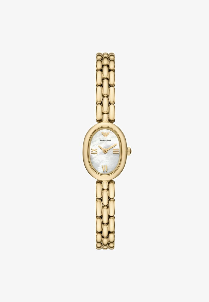 Goldfarbene Armbanduhr mit ovalem Ziffernblatt, Ziffernblatt aus weißem Perlmutt, goldenen Stundenmarkierungen und einem Armband im Kettenglied-Stil.