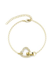 Bracciale in oro con un centro a forma di cuore contornato da strass trasparenti e una chiusura con un accento circolare.