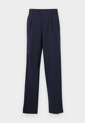 Navyblaue maßgeschneiderte Hosen mit geradem Bein, die über einen Knopfverschluss, Falten an der Vorderseite und eine glatte Textur verfügen.