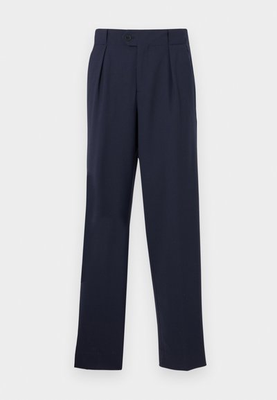 Navy blue tailored trousers with a straight leg, featuring a button closure, pleats at the front, and a smooth texture.