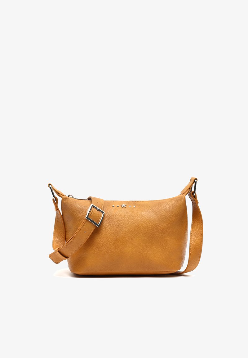 Mustard yellow leather crossbody bag with a textured finish, adjustable strap, and decorative silver star and stud accents.