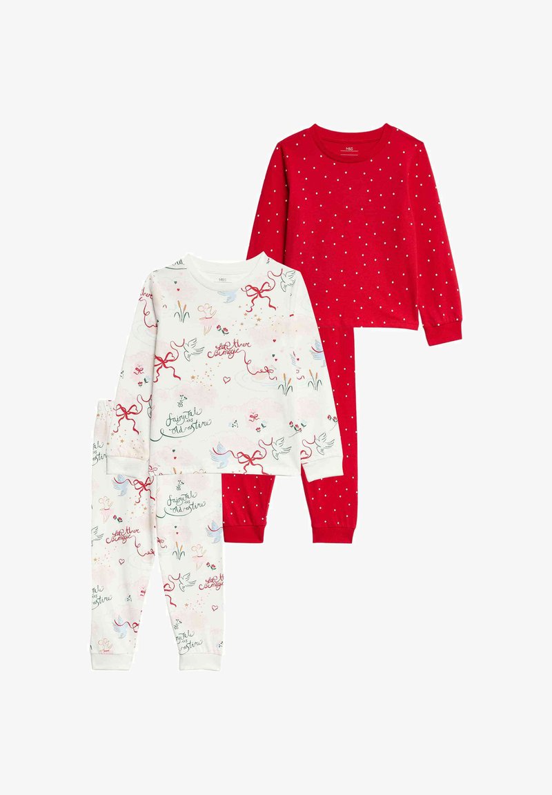 To sæt børnepyjamas. Det første har en hvid top og matchende bukser med farverige mønstre; det andet har en rød top med hvide prikker og bukser.