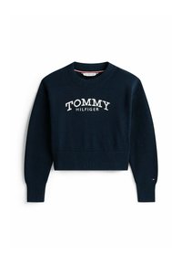 Maglione corto in maglia a coste di colore blu navy, con il logo bianco "TOMMY HILFIGER" sulla parte anteriore e un piccolo accento a forma di bandiera sulla manica.