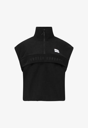 Zwarte fleece pullover met een hoge kraag, halve rits en korte mouwen. Voorzien van geborduurde tekst "UNBORED ONBOARD" aan de voorkant.