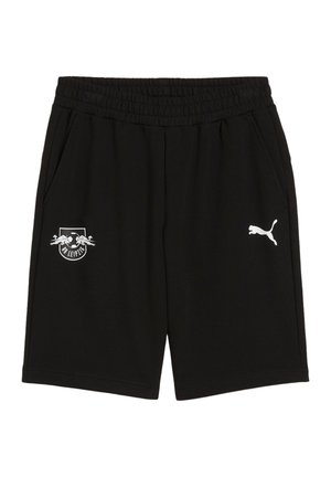 Shorts en coton noir avec une taille élastique, deux poches latérales, un logo Puma blanc sur la jambe droite et un logo Red Bull sur la jambe gauche.