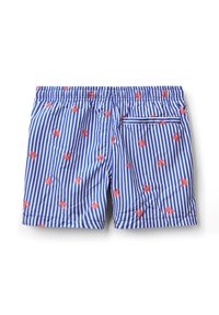 Blue and white striped swim shorts featuring red crab patterns, elastic waistband, and a back pocket with a horizontal stripe accent.