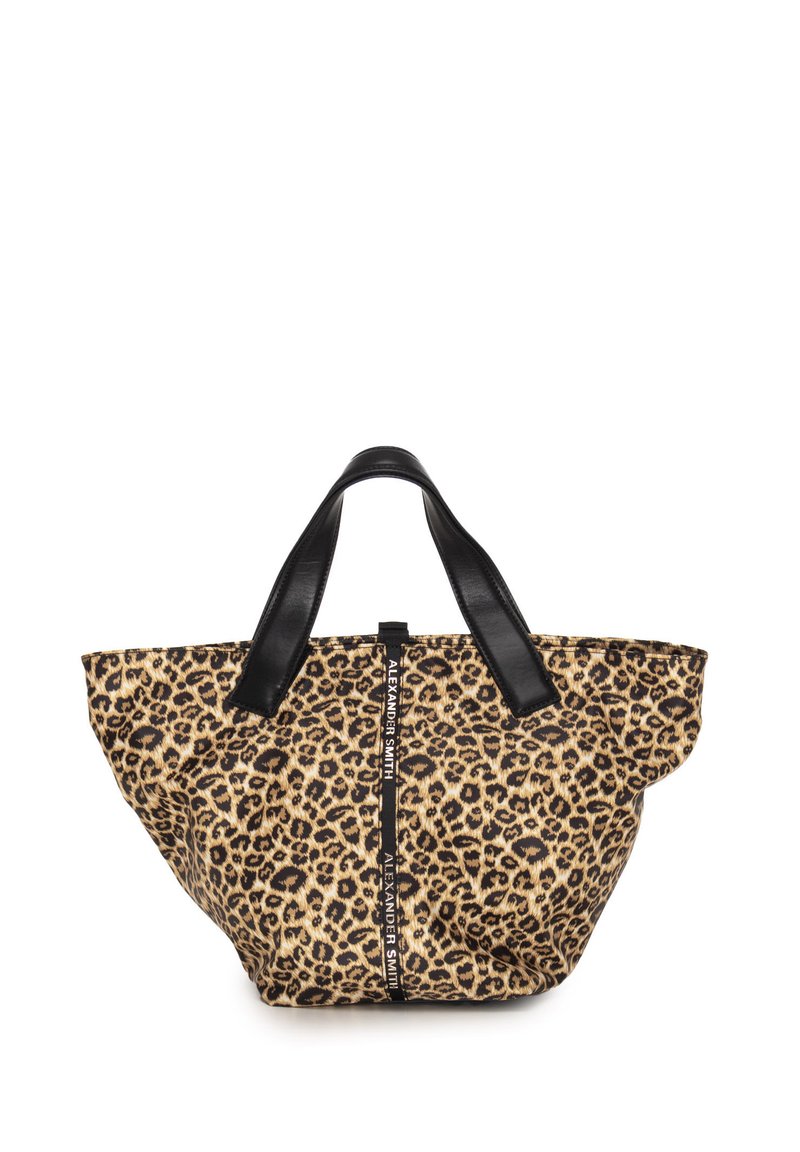 Borsa a tote in tessuto leopardato con manici in pelle nera e zip superiore. Presenta una striscia centrale con logo lungo l'apertura.