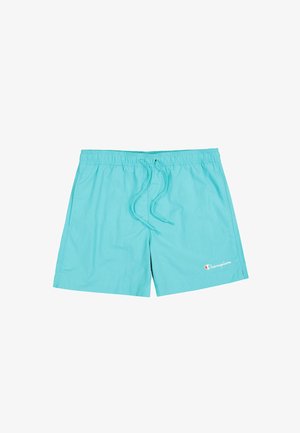 Türkiz színű úszónadrág könnyű anyagból. Jellemzője az elasztikus derékpánt, zsinór, és egy kis fehér Champion logó az oldalon.