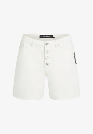 Bele hlače z visokim pasom v beli barvi, štirimi srebrnimi gumbi, zankami za pas, sprednjimi žepi in črnim napisom "KARL LAGERFELD" na desni strani.