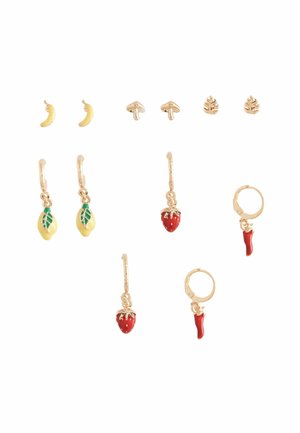 Gold-tone earring set featuring fruit and vegetable designs: banana studs, mushroom studs, strawberry and chili charms on hoop earrings.
