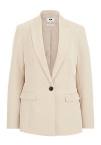 Blazer beige à un bouton avec revers crantés, deux poches à rabat, manches longues et coupe ajustée et fluide.