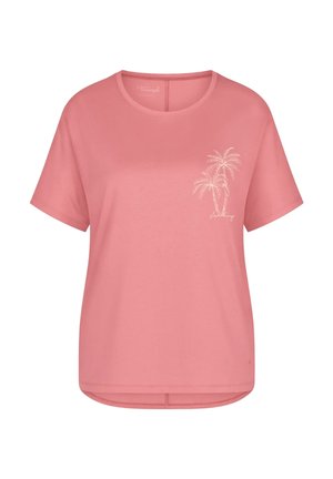 Baumwoll-T-Shirt in Pink mit kurzen Ärmeln, rundem Ausschnitt und kleinem weißem Palmen-Print auf der linken Brust.