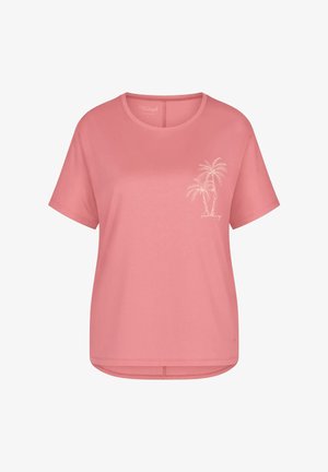 Baumwoll-T-Shirt in Pink mit kurzen Ärmeln, rundem Ausschnitt und kleinem weißem Palmen-Print auf der linken Brust.