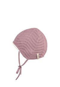 Knit hat in soft mauve with herringbone pattern, white lining, and adjustable ties. Features a small label on the side.