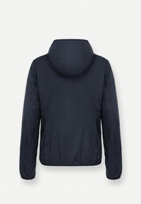 Marineblaue Kapuzenjacke, leichtes Material, elastische Bündchen, glatte Textur, einfaches Design mit gerader Schnittführung und ohne auffällige Hardware.