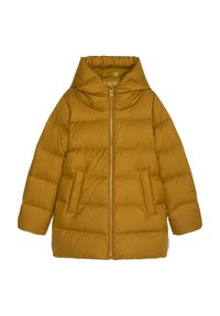 Giacca puffer giallo senape con cappuccio, dotata di zip frontale, due tasche laterali e design trapuntato per l'isolamento.