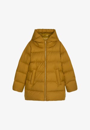 Giacca puffer giallo senape con cappuccio, dotata di zip frontale, due tasche laterali e design trapuntato per l'isolamento.