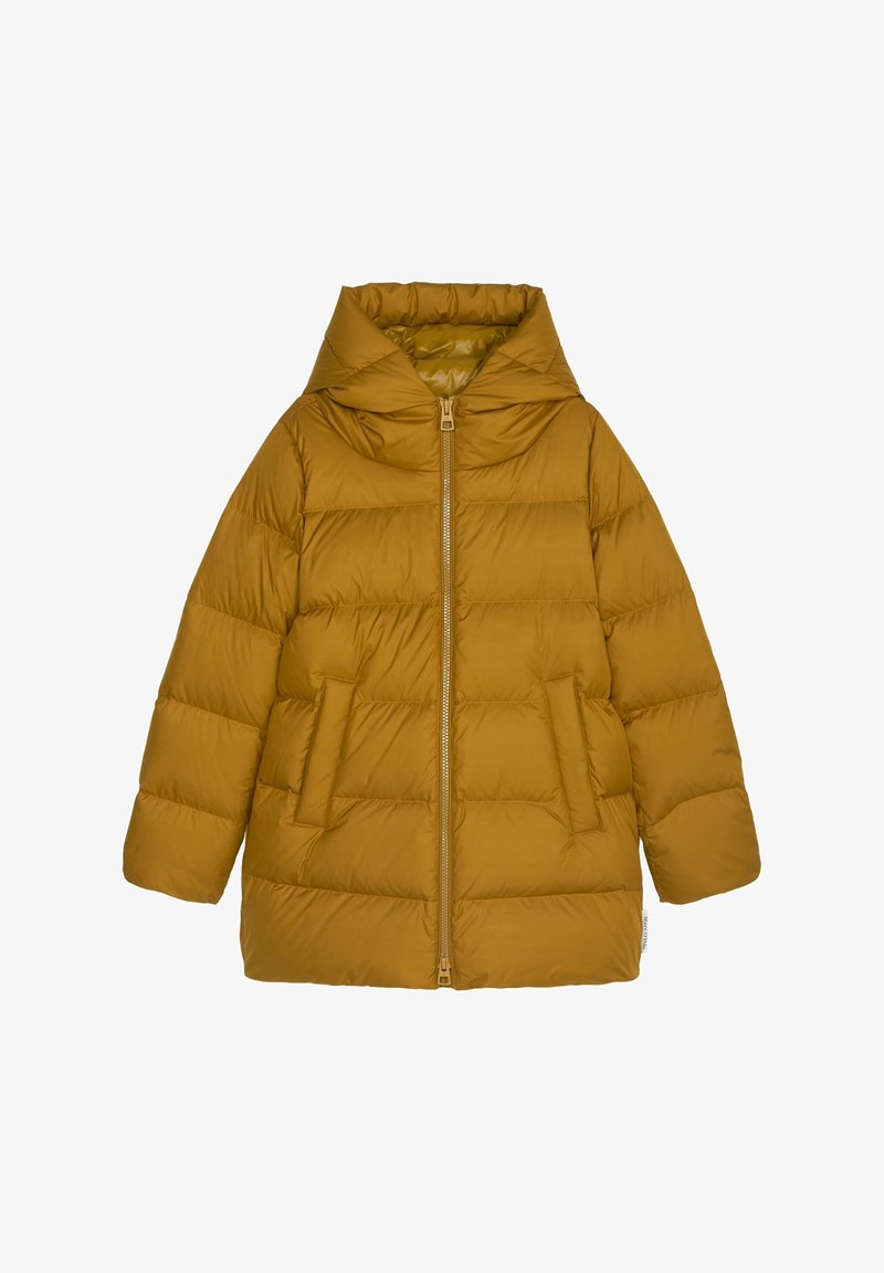 Giacca puffer giallo senape con cappuccio, dotata di zip frontale, due tasche laterali e design trapuntato per l'isolamento.
